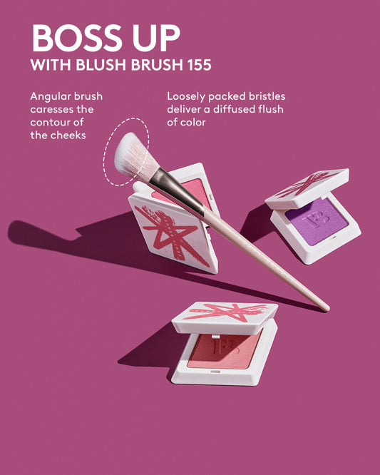 Boss up with Blush Brush 155. Angular brush caresses the contour of the cheeks. Loosely packed bristles deliver a diffused flush of color.