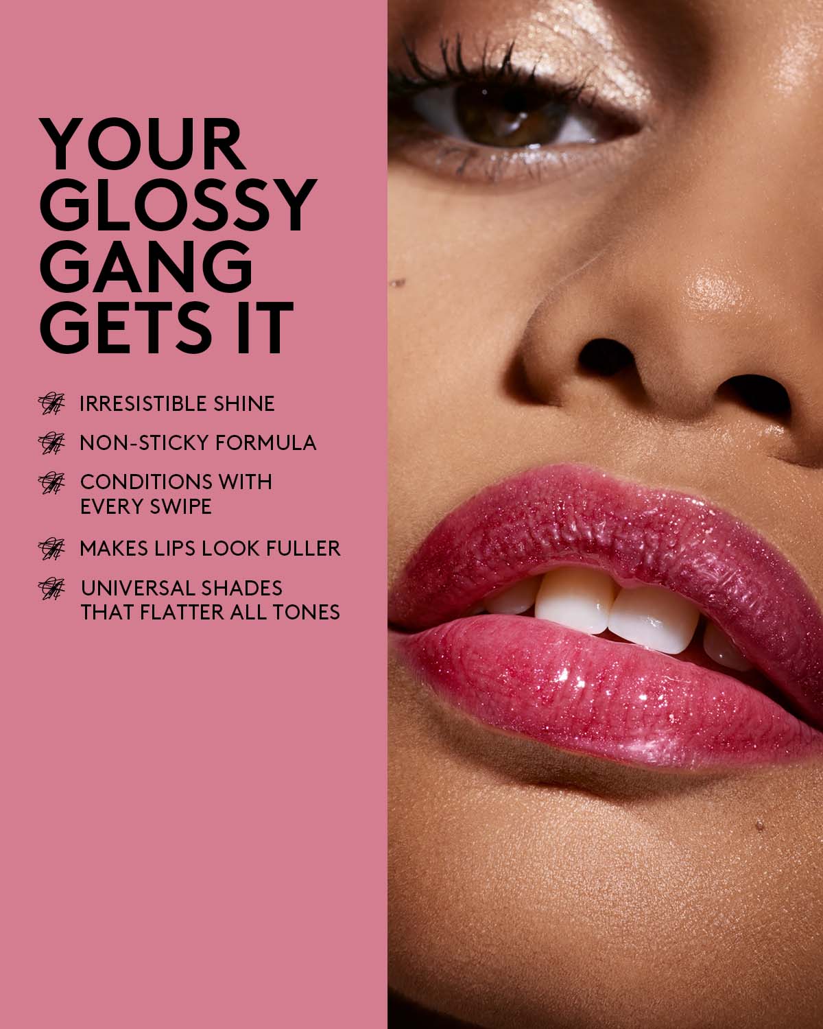 Lipstick advertisement with a close-up of a woman's lips wearing pink lipstick on a pink background.