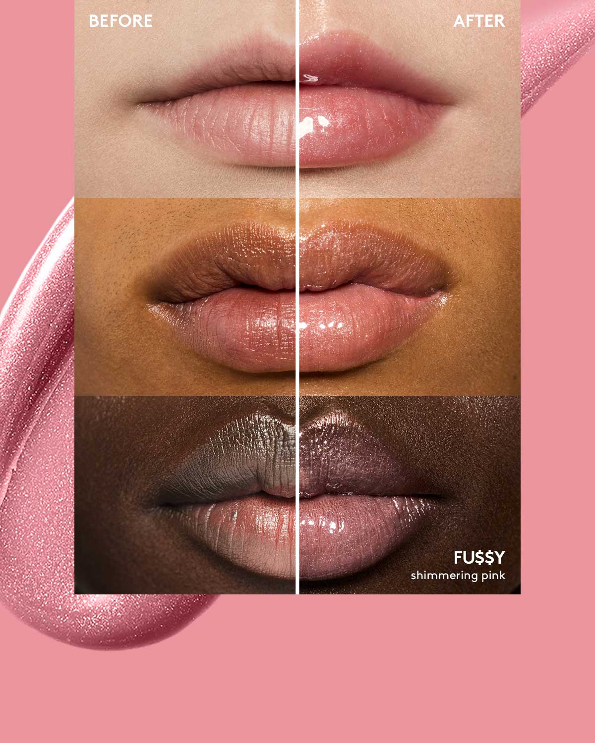 shade grid with 3 different skin toned models wearing gloss bomb universal lip luminizer in shade Fu$$y