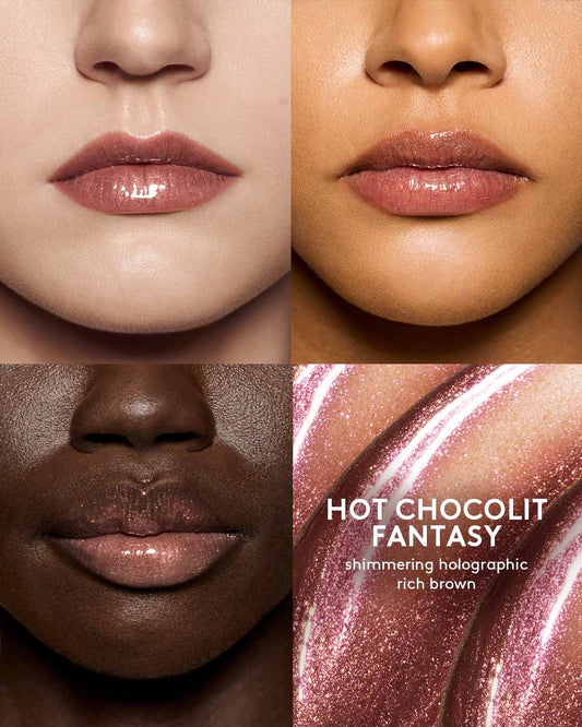 shade grid of three different skin toned model wearing gloss bomb universal lip luminizer in shade hot chocolit fantasy