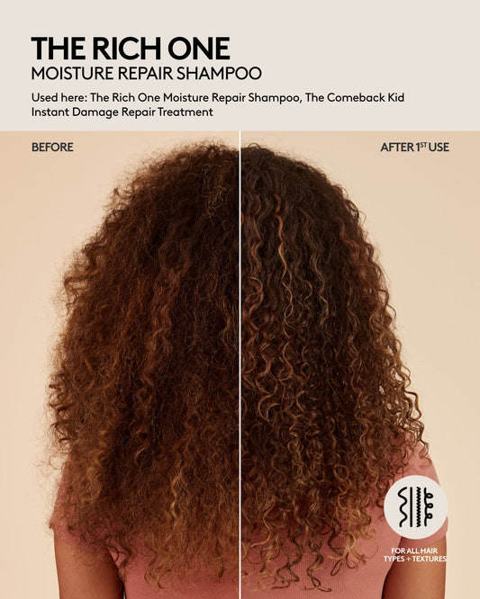 Curly medium-length hair before and after one use of Fenty Hair Moisture Repair Shampoo and Damage Repair Treatment, curls are defined, hair is shiny, appears healthier and hydrated. Fenty Hair is for all hair types + textures.