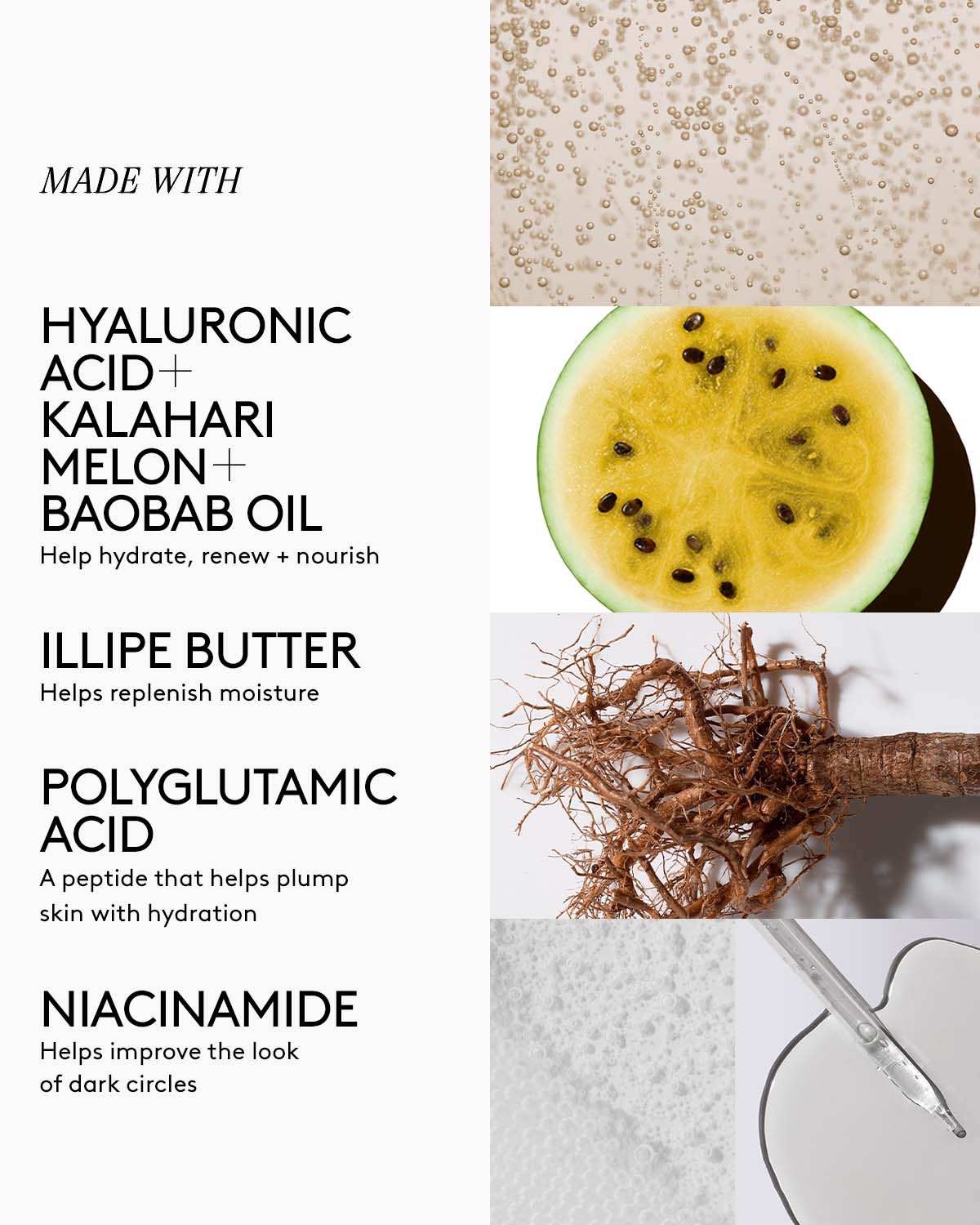 Close-up and names of the Thicc N Smooth eye cream key ingredients: hyaluronic acid, Kalahari melon, baobab oil, illipe butter, polyglumatic acid, and niacinamide.