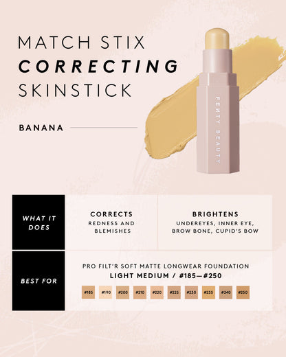 Infographic about Match Stix Correcting Skinstick in shade banana and the skin tones that they are best for.