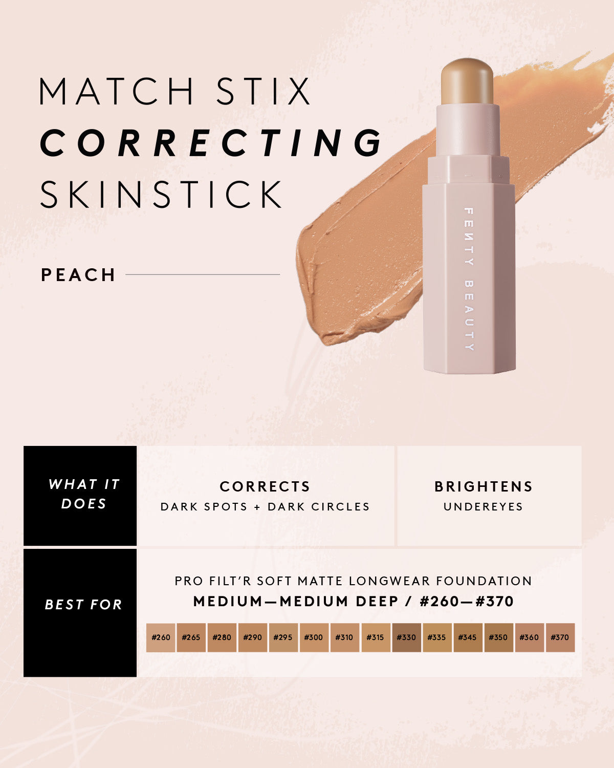 Infographic about Match Stix Correcting Skinstick in shade Peach and the skin tones that they are best for.