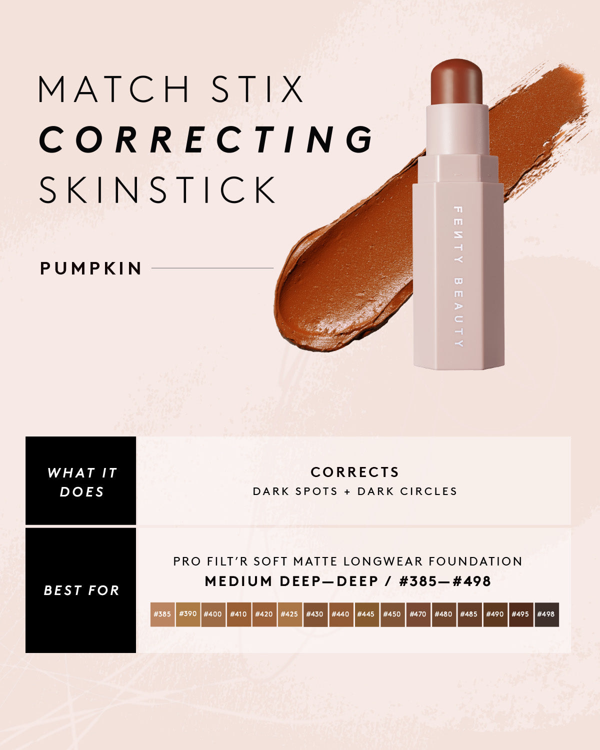 Infographic about Match Stix Correcting Skinstick in shade pumpkin and the skin tones that they are best for.