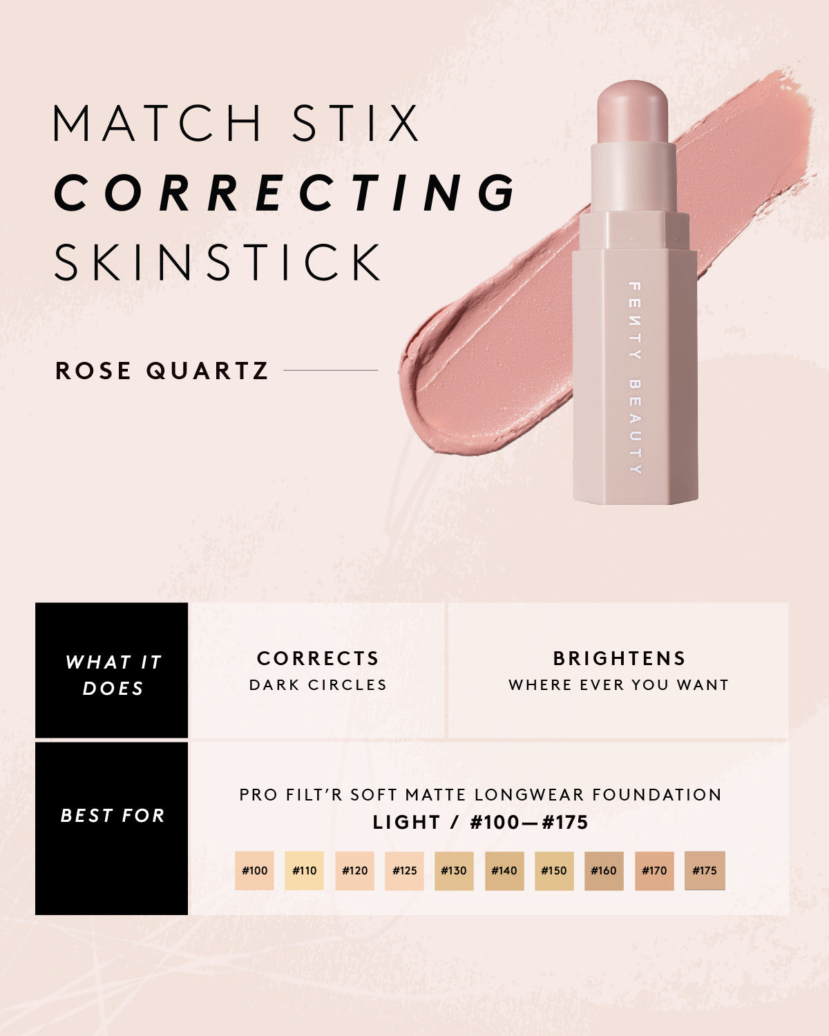 Infographic about Match Stix Correcting Skinstick in shade Rose Quartz and the skin tones that they are best for.