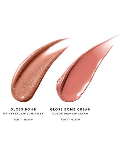 Swatch of Gloss Bomb Universal Lip Luminizer in Fenty Glow and swatch of Gloss Bomb Color Drip Lip Cream in Fenty Glow on white background.