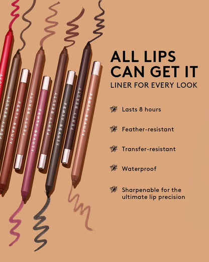 Set of lip liners with color swatches and product features on a beige background