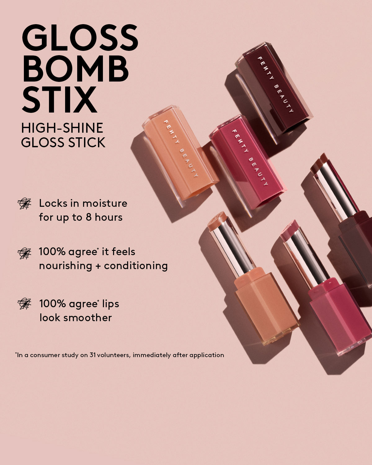 Infographic with open shot of 3 Gloss Bomb Stix products on the right and text on the left reading: Gloss Bomb Stix High-Shine Gloss Stick locks in moisture for up to 8 hours, 100% agree (in a comsumer study on 31 volunteers, immediately after application) it feels nourishing + conditioning, 100% agree (in a consumer study on 31 volunteers, immediately after application) lips look smoother.