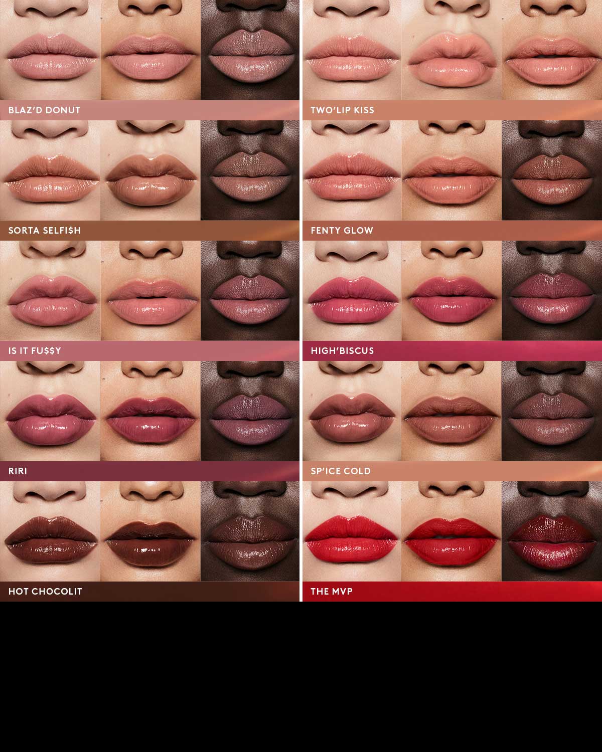 Shade grid of full Gloss Bomb Stix Collection on 3 skin tones each.