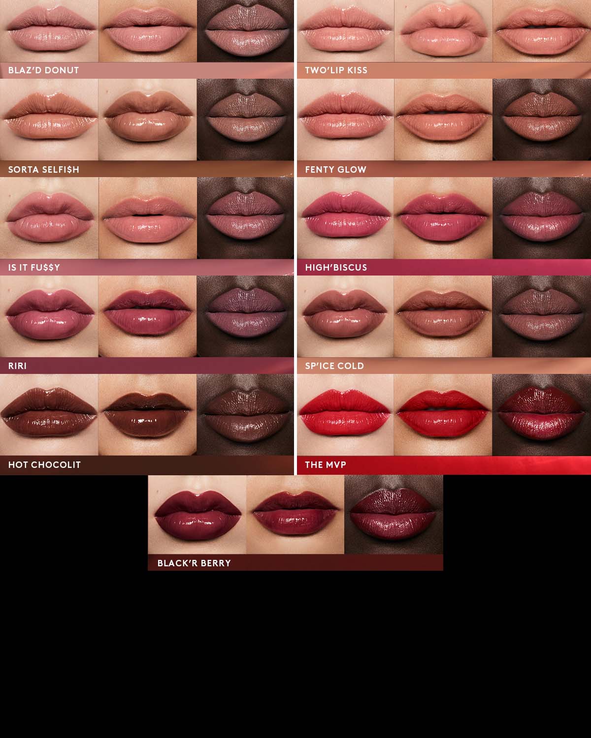 Shade grid of full Gloss Bomb Stix collection on 3 skin tones each.
