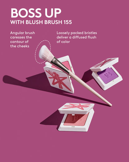 Boss up with Blush Brush 155. Angular brush caresses the contour of the cheeks. Loosely packed bristles deliver a diffused flush of color.