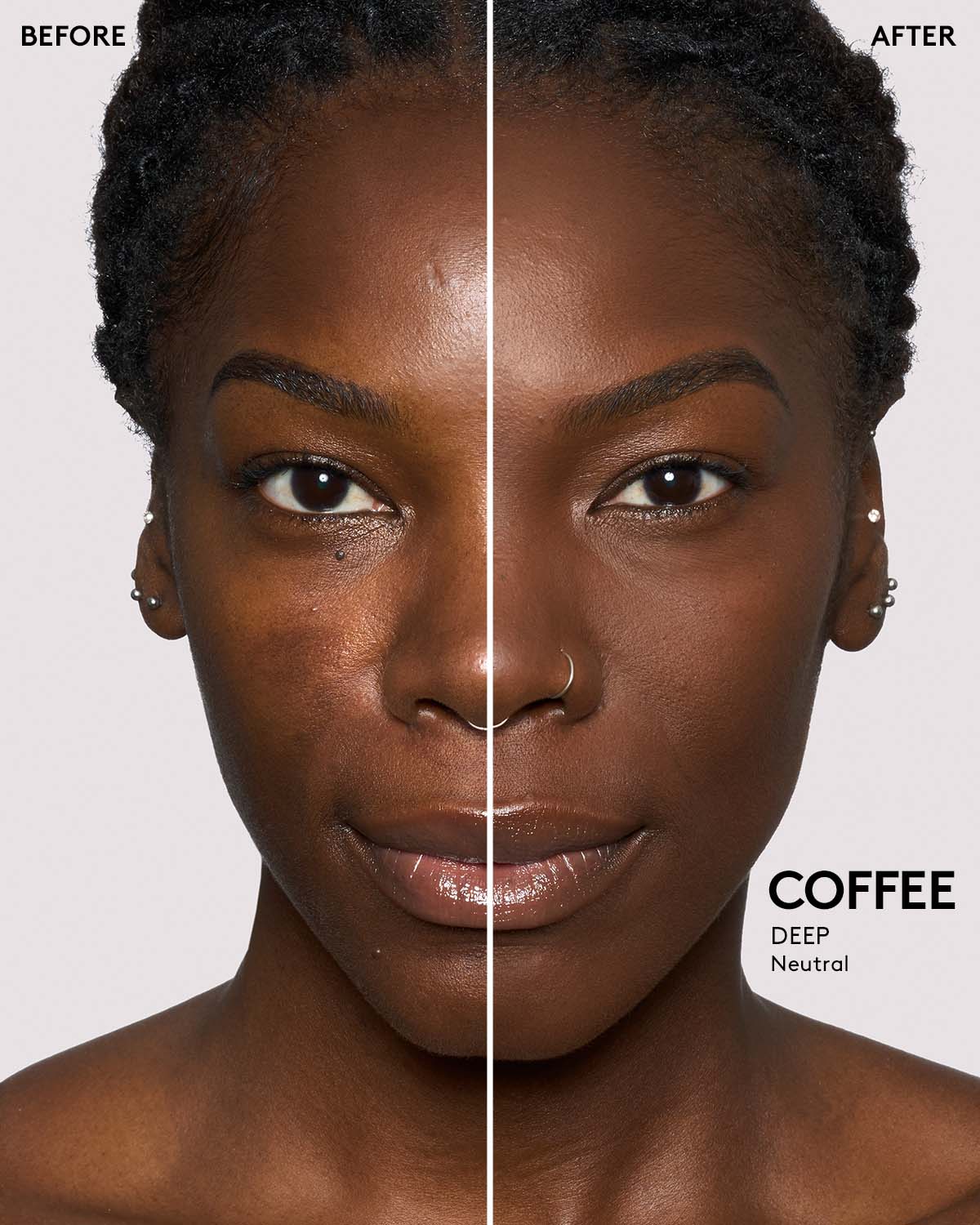 Before and after shot of model using Pro filt'r Setting Powder in shade Coffee.