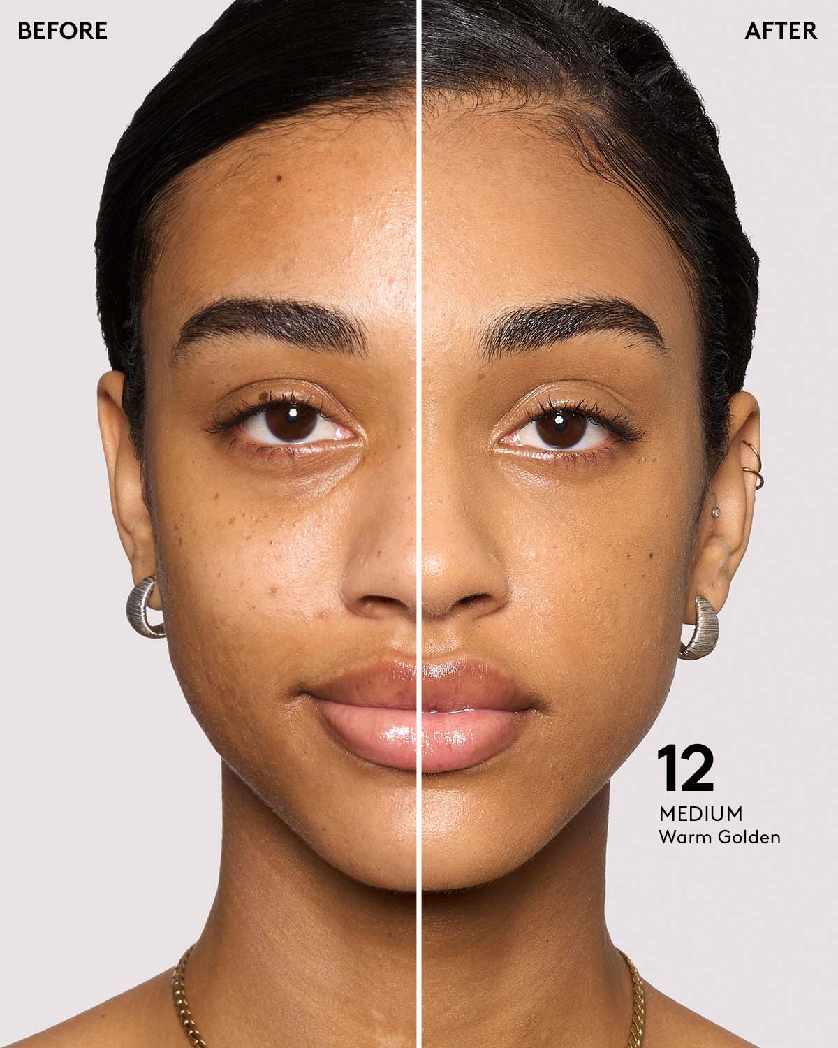 before and after of medium skin toned model in eaze drop stick