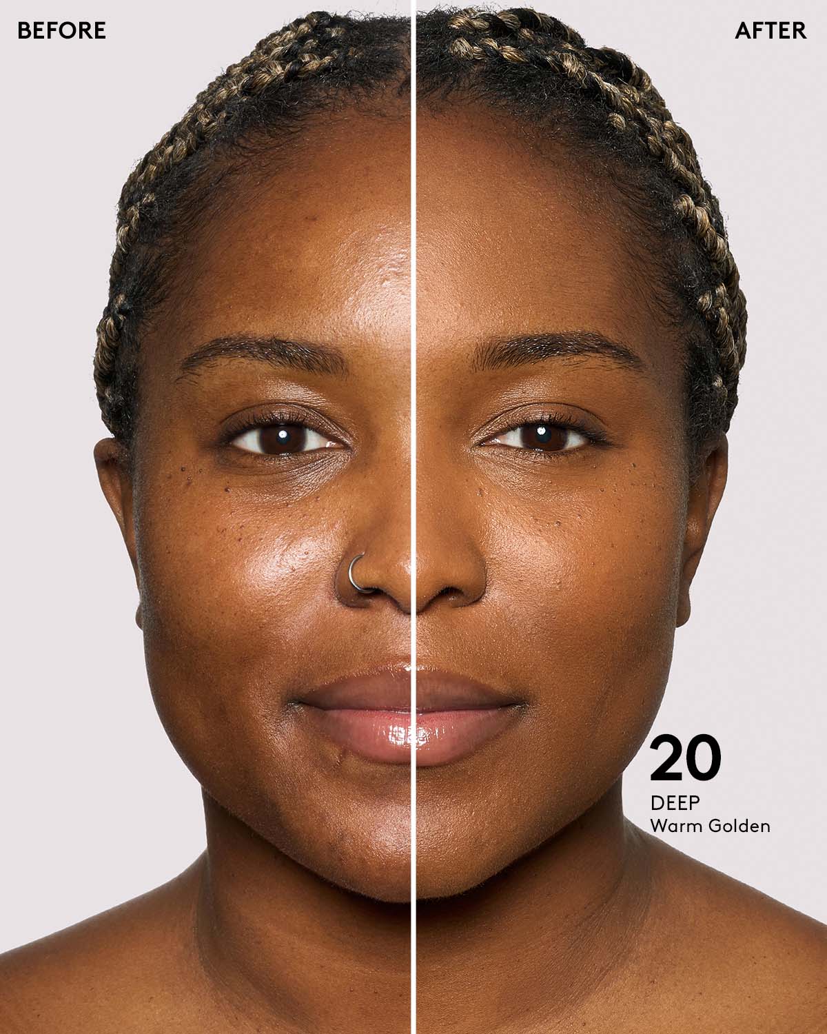 before and after of deep skin toned model in eaze drop stick
