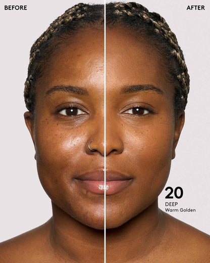 before and after of deep skin toned model in eaze drop stick