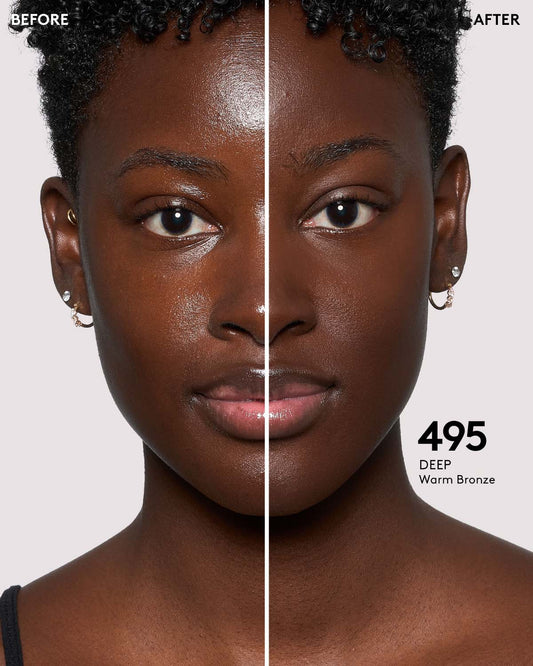 before and after photos of model wearing Fenty Beauty Pro Filt'r Instant Retouch Concealer in deep shade