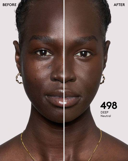 before and after photos of model wearing Fenty Beauty Pro Filt'r Instant Retouch Concealer in deep shade