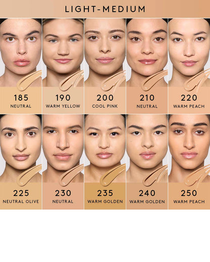 light-medium shade infographic showing 8 different shades of foundation on light-medium skin tones