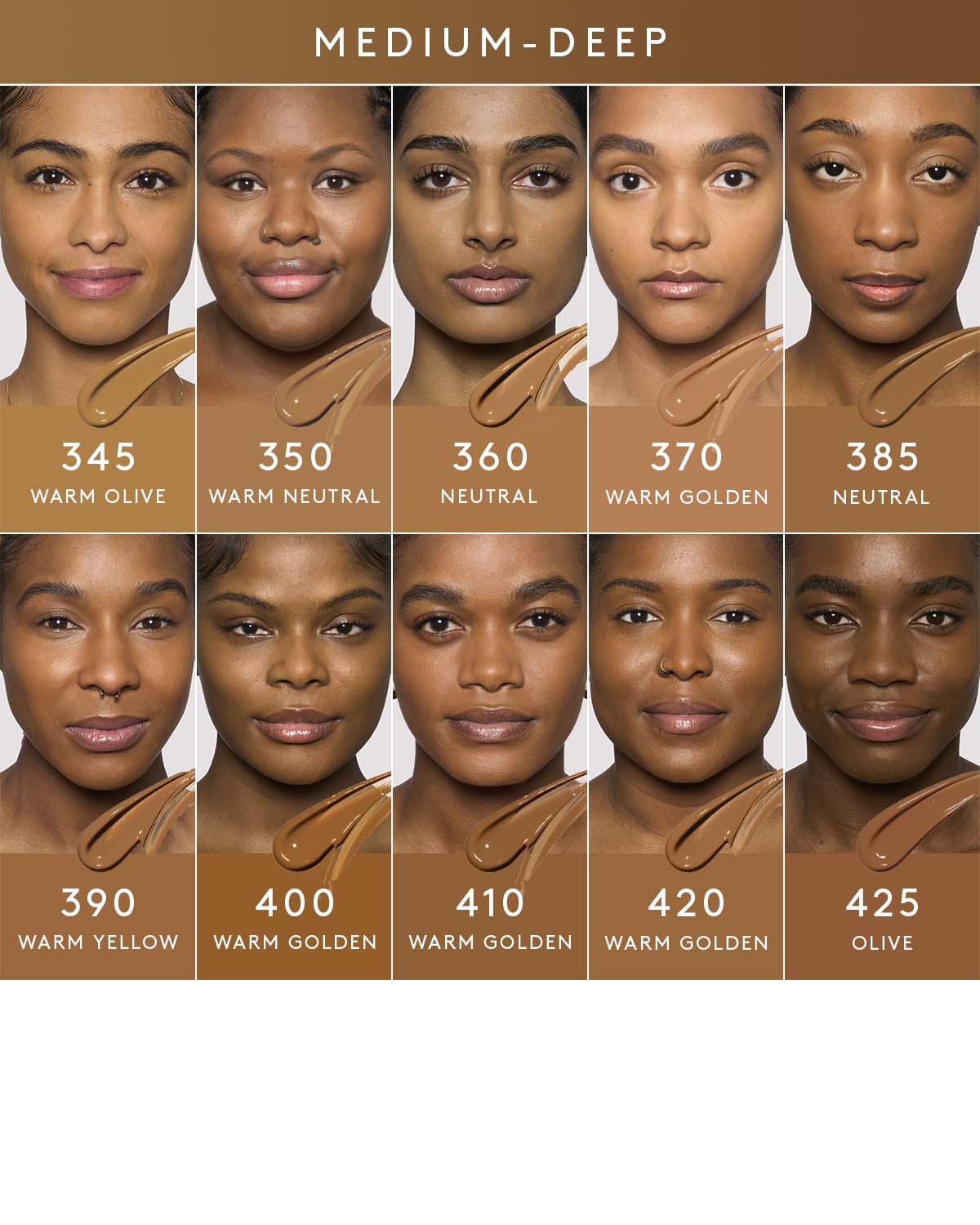 medium-deep shade infographic showing 8 different shades of foundation on medium-deep skin tones