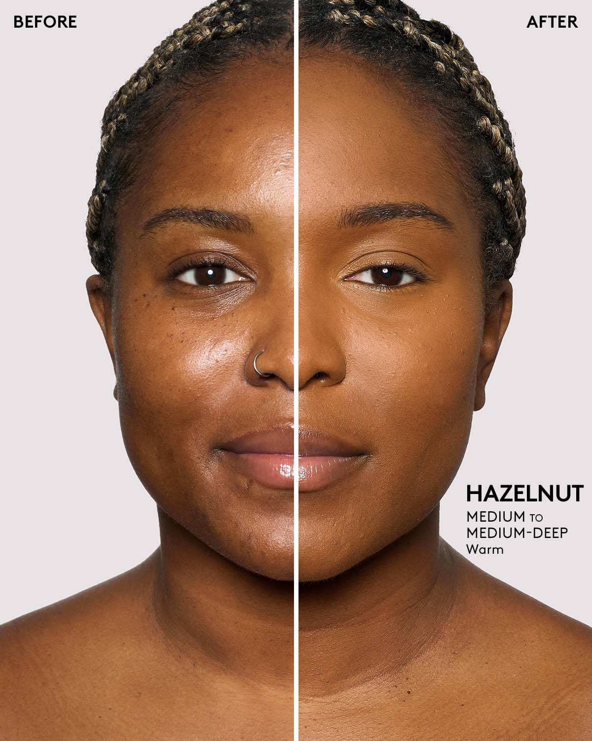 before and after of medium-deep skin toned model wearing hazelnut pro filt'r setting powder