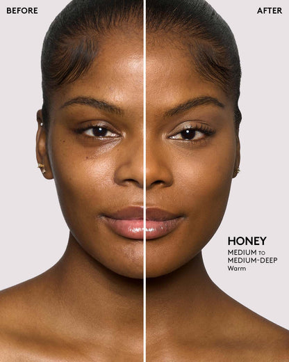before and after of medium-deep skin toned model wearing honey pro filt'r setting powder