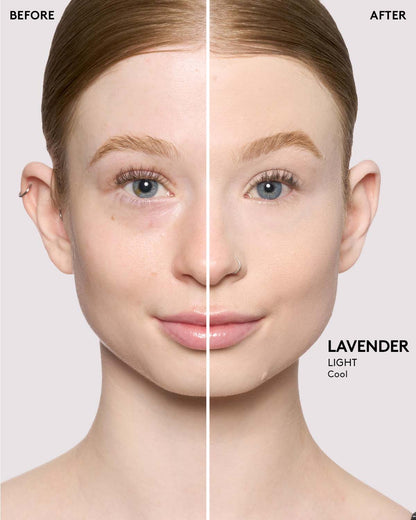 before and after of light skin toned model wearing lavender pro filt'r setting powder