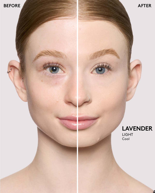 before and after of light skin toned model wearing lavender pro filt'r setting powder