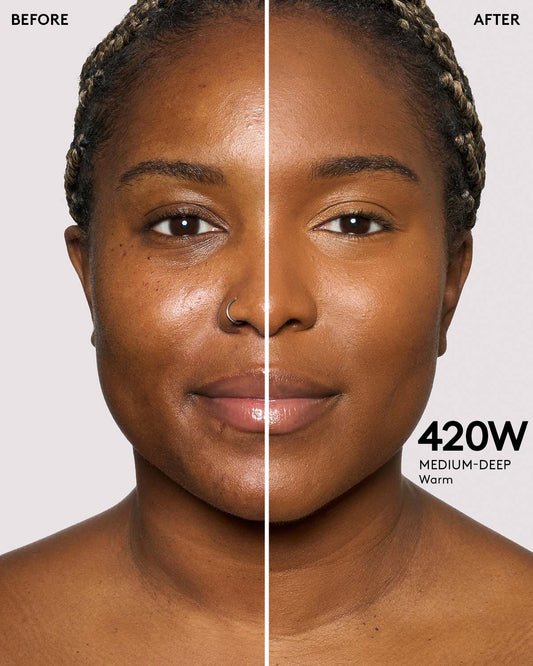 Before and after of medium - deep skin tone model.