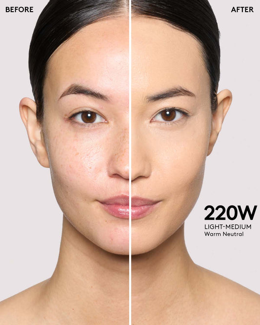 before and after of light skin toned model in we're even concealer