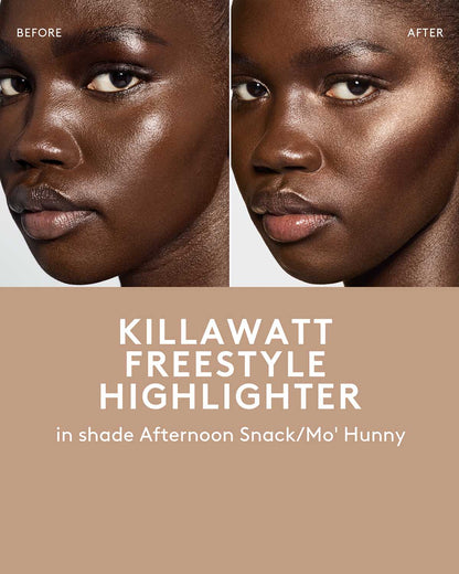 before and after of deep skin toned model wearing killawatt freestyle highlighter in shade afternoon snack/ mo hunny