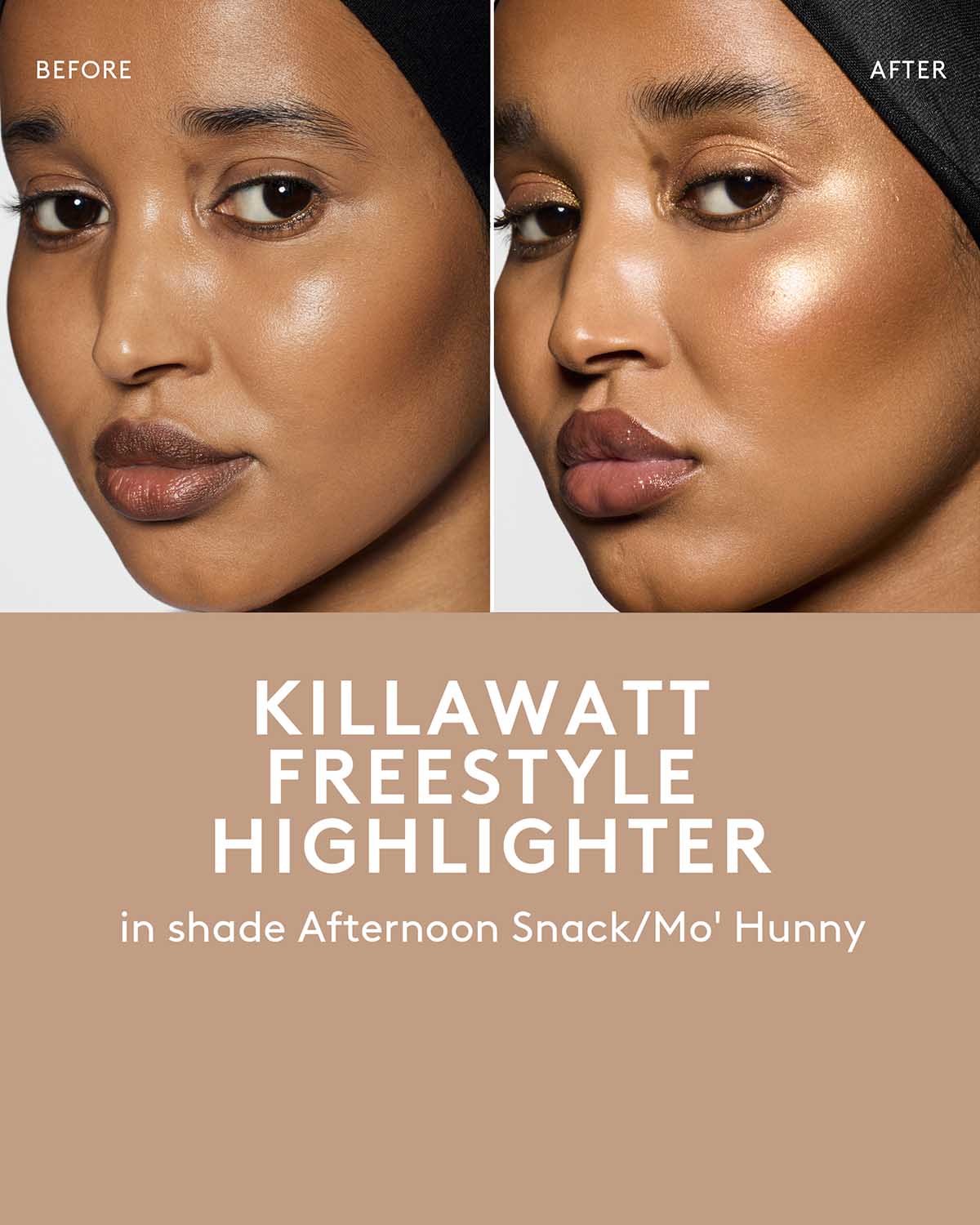 before and after of medium skin toned model wearing killawatt freestyle highlighter in shade afternoon snack/mo-hunny