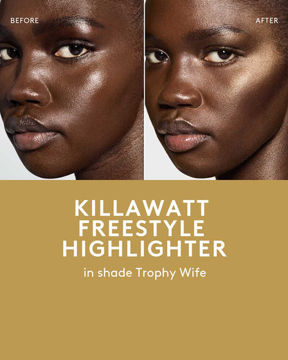 before and after of deep skin toned model wearing killawatt freestyle highlighter in shade trophy wife