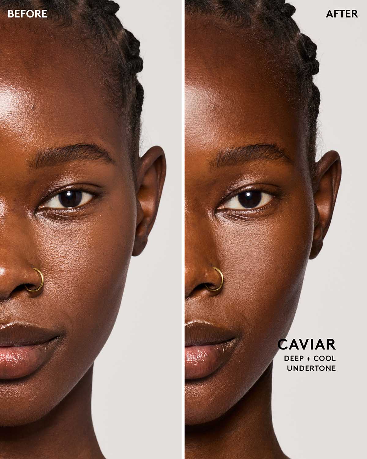 Before and after image of model wearing match stix contour in shade caviar.