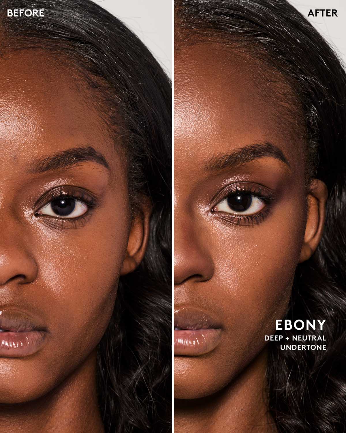 Before and after image of model wearing match stix contour in shade ebony.