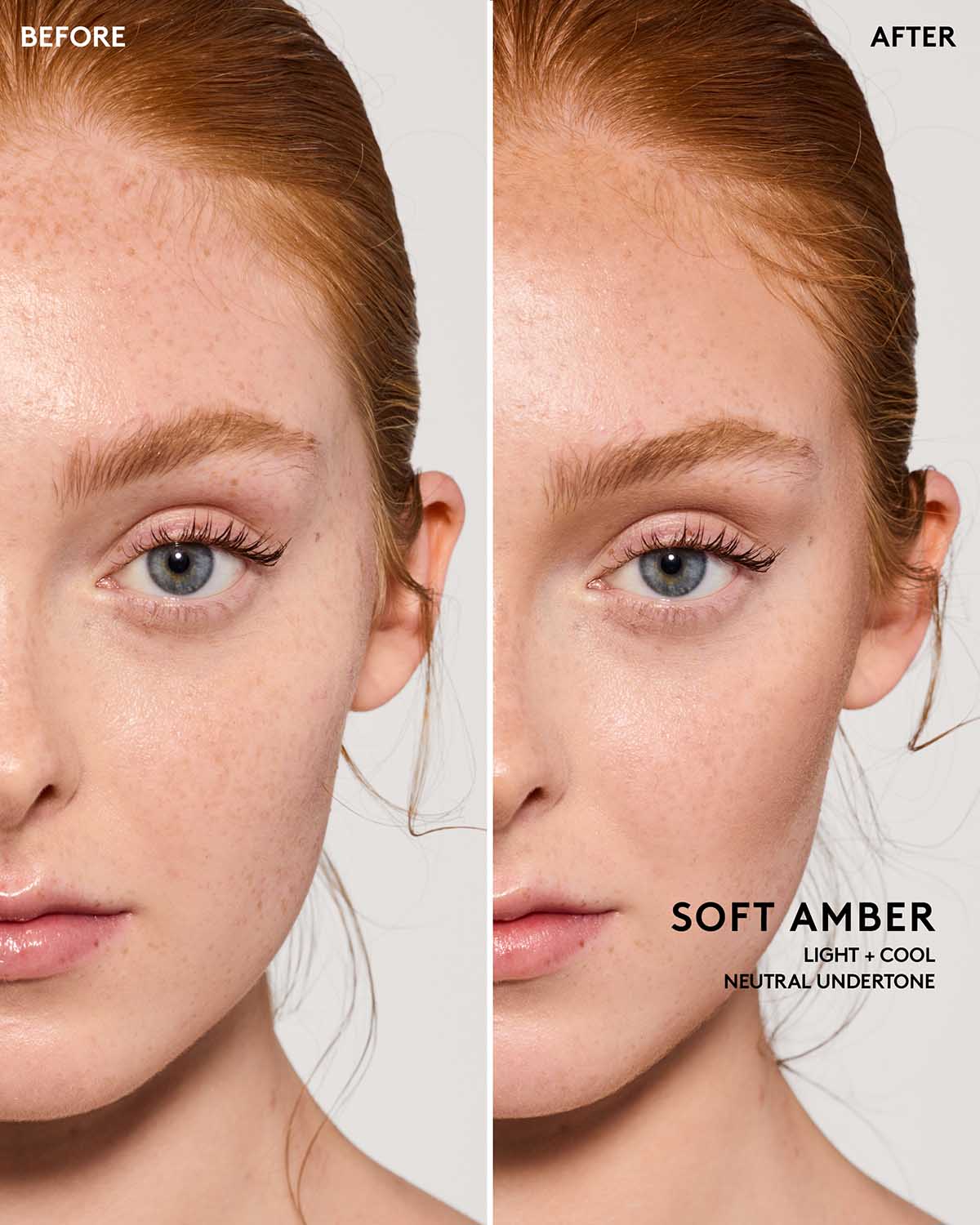 Before and after image of model wearing match stix contour in shade soft amber.