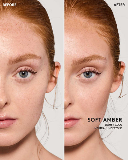 Before and after image of model wearing match stix contour in shade soft amber.
