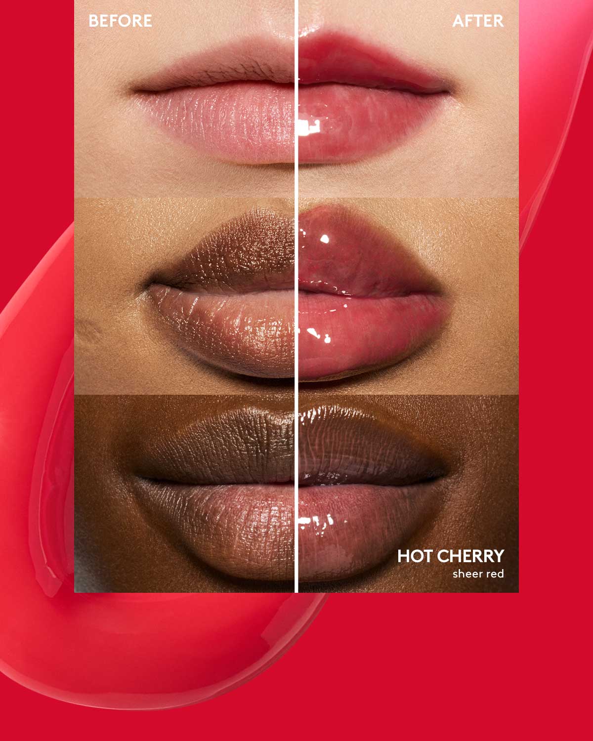 before and after of gloss bomb heat lip plumper in hot cherry on three different skin toned models