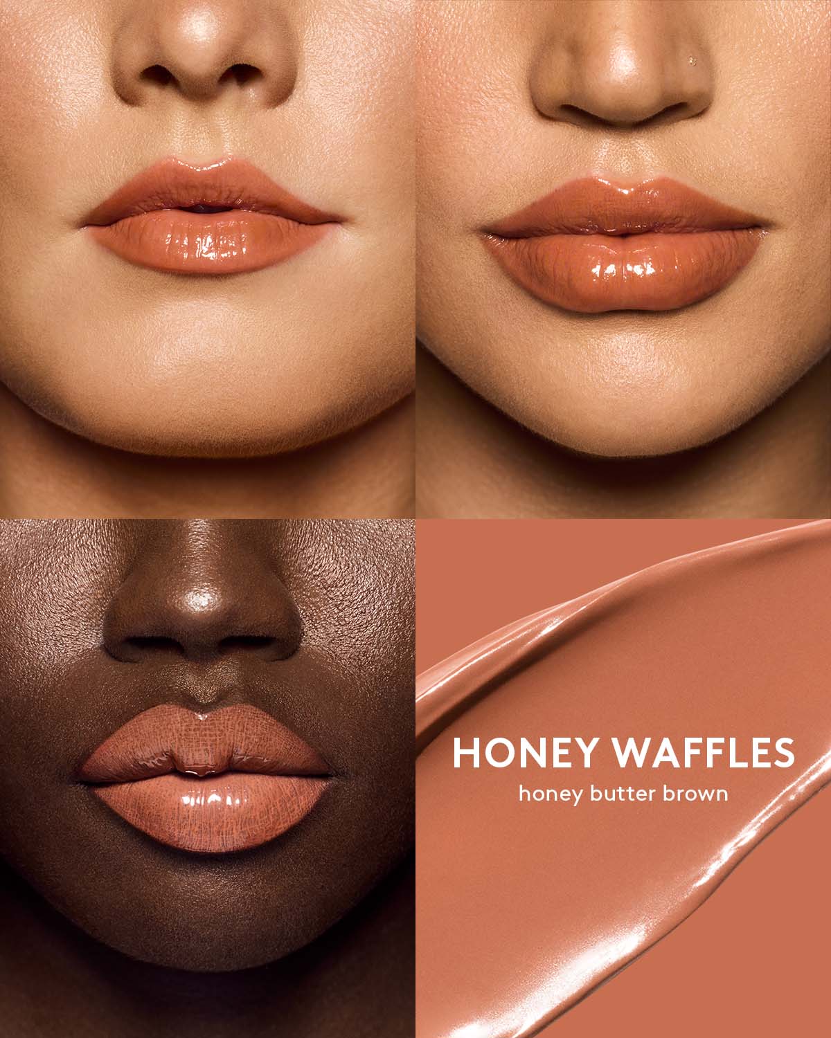 three different skin toned models wearing gloss bomb color drip lip cream in shade honey waffles