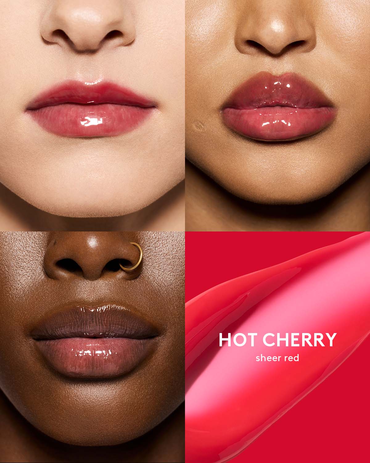beauty shot of gloss bomb heat lip plumper in hot cherry on three different skin toned models