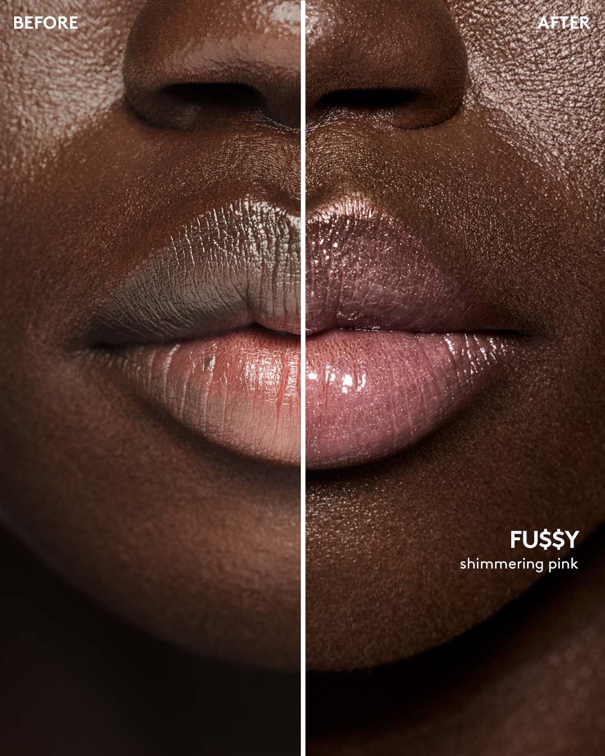 before and after of deep skin toned model wearing gloss bomb universal lip luminizer in shade Fu$$y