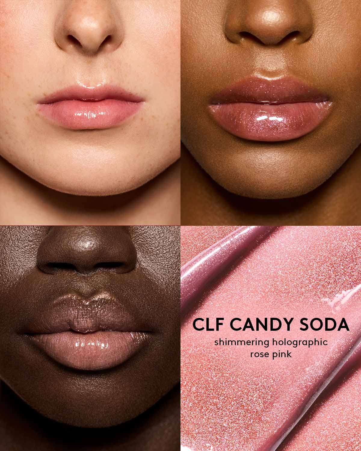 shade grid with 3 different skin toned models wearing gloss bomb universal lip luminizer in shade candy soda