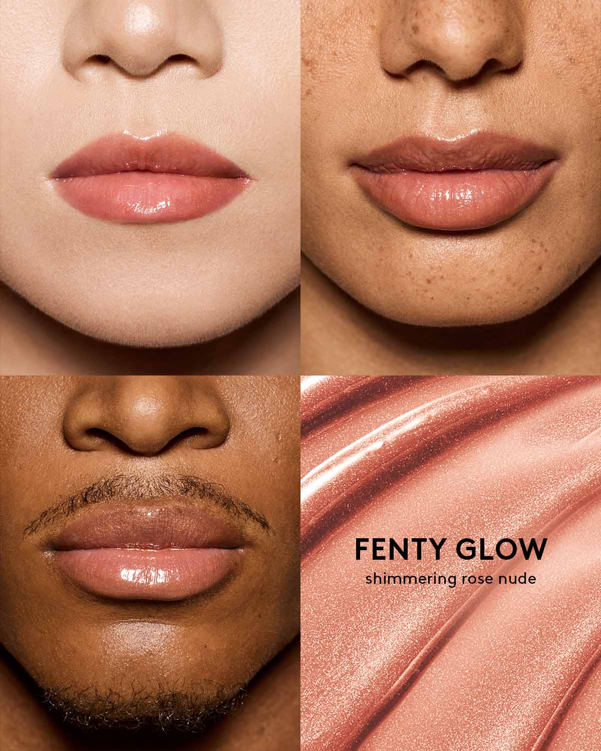 shade grid of 2 different skin toned models wearing gloss bomb universal lip luminizer in shade fenty glow