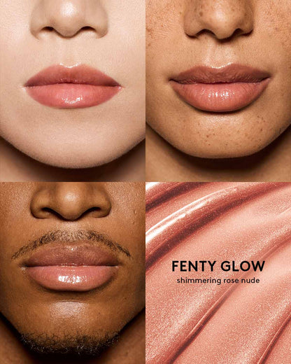 shade grid of 2 different skin toned models wearing gloss bomb universal lip luminizer in shade fenty glow
