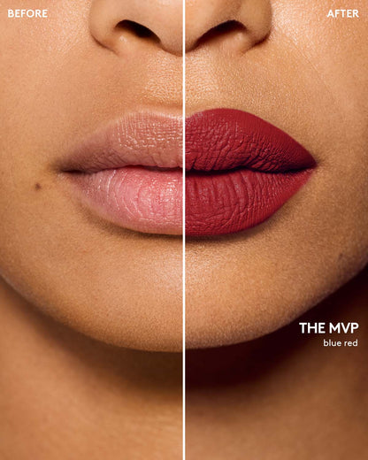 before and after of medium skin toned model wearing icon velvet longwear liquid lipstick in shade The MVP