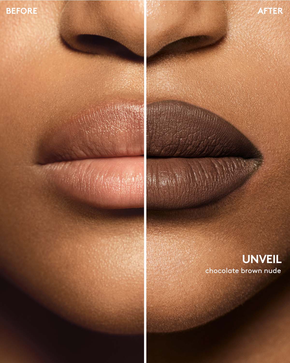 before and after of medium skin toned model wearing stunna lip paint in shade unveil