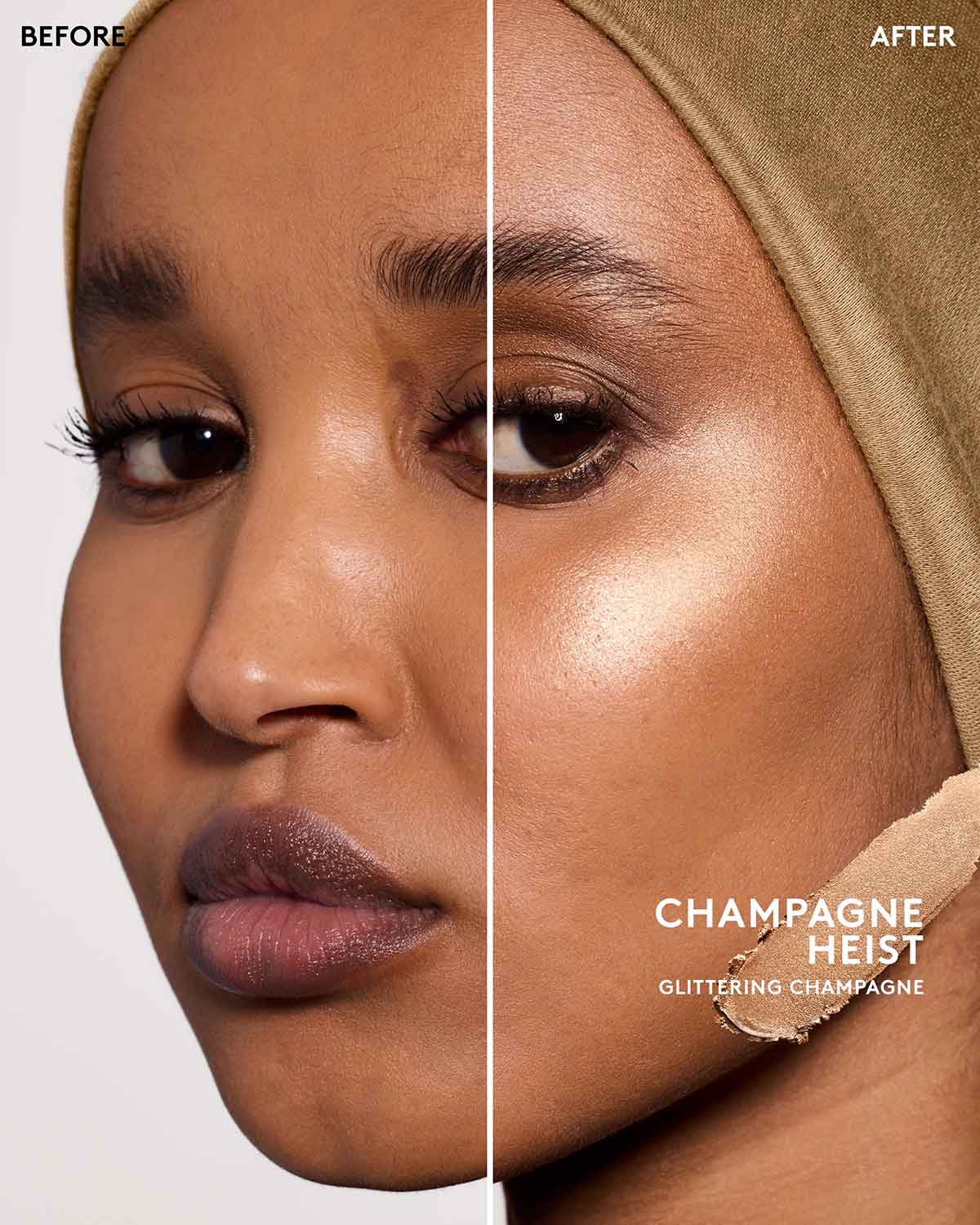 Before and after model image wearing match stix shimmer in shade champagne heist.