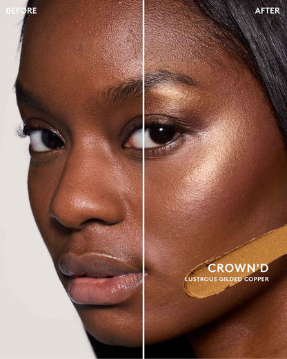 Before and After of model wearing match stix shimmer in shade crown'd.