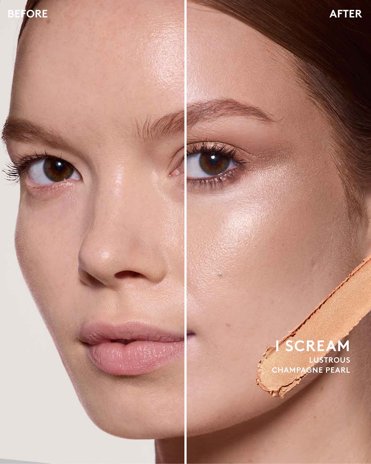 Before and After model image wearing match stix shimmer in shade I Scream.
