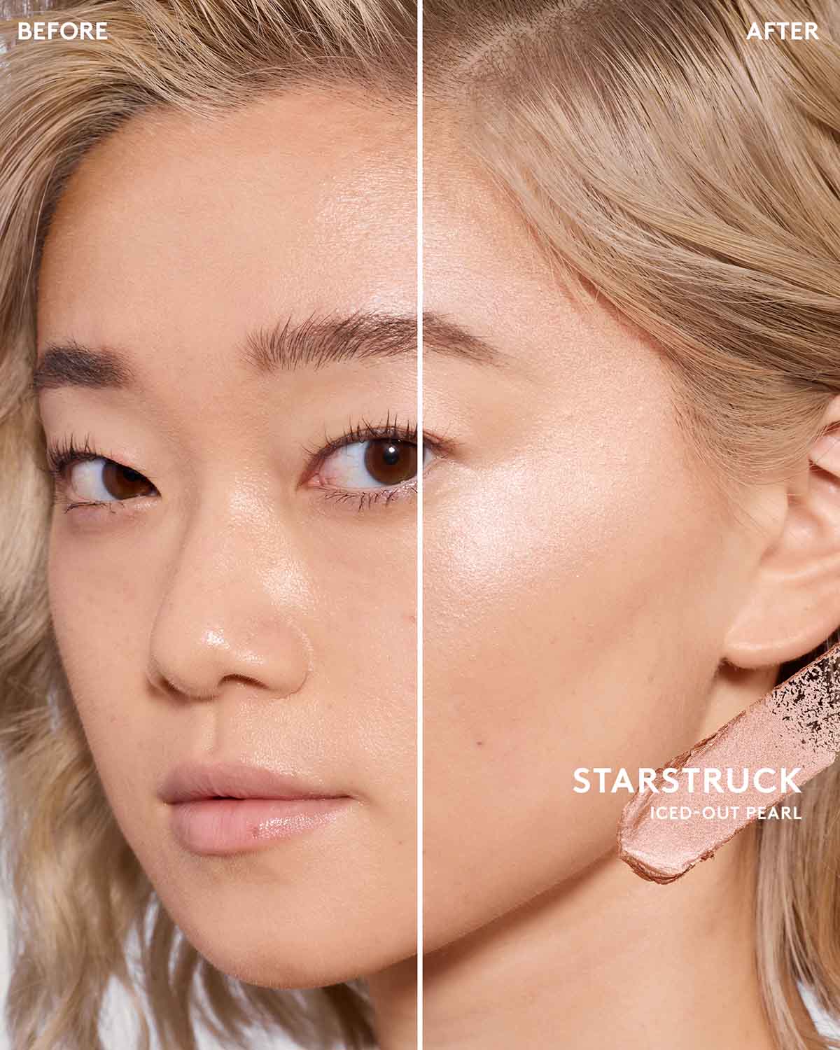 Before and after of model wearing match stix shimmer in shade starstruck.
